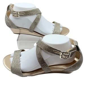 Unisa Women's Sandals 9.5 Ankle Strap 1.5 Wedge Sparkly Gold Party Shoes